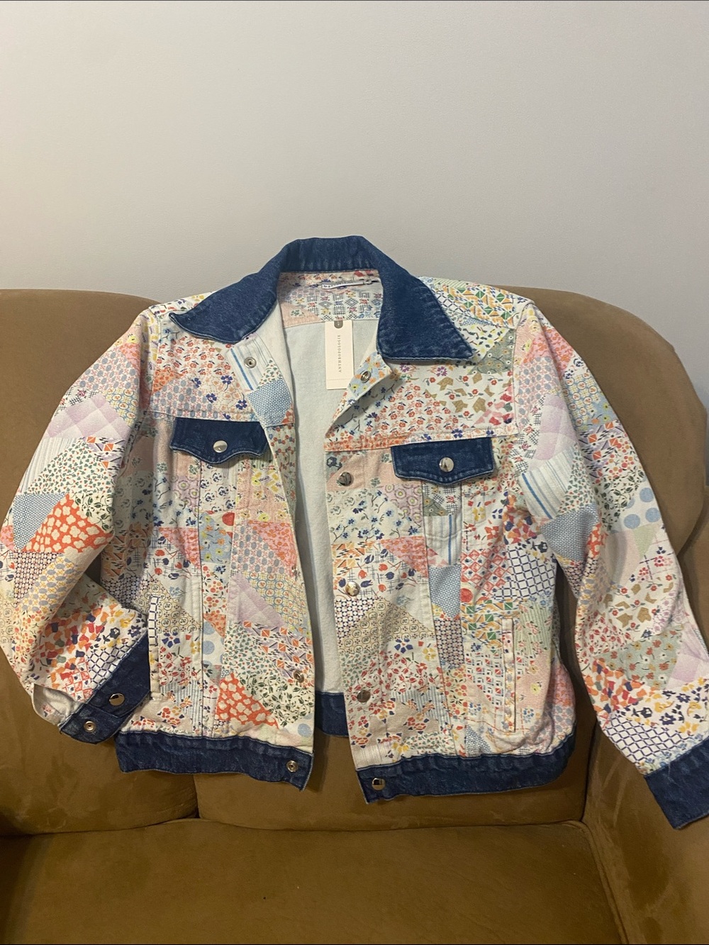Anthropologie Patchwork Floral Denim-Trim Jacket in Pastel Multicolor